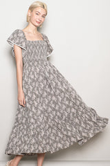 Olive Floral Smocked Lace Trim Flutter Sleeve Maternity Midi Dress