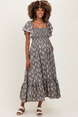 Olive Floral Smocked Lace Trim Flutter Sleeve Maternity Midi Dress