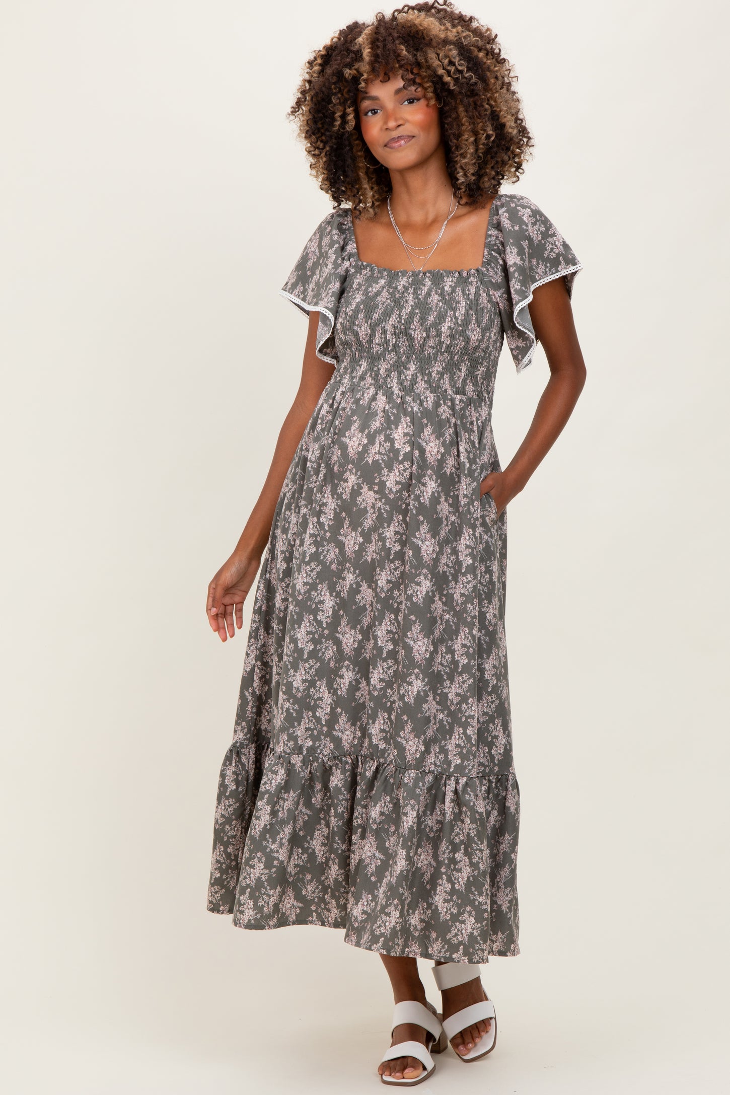 Olive Floral Smocked Lace Trim Flutter Sleeve Maternity Midi Dress