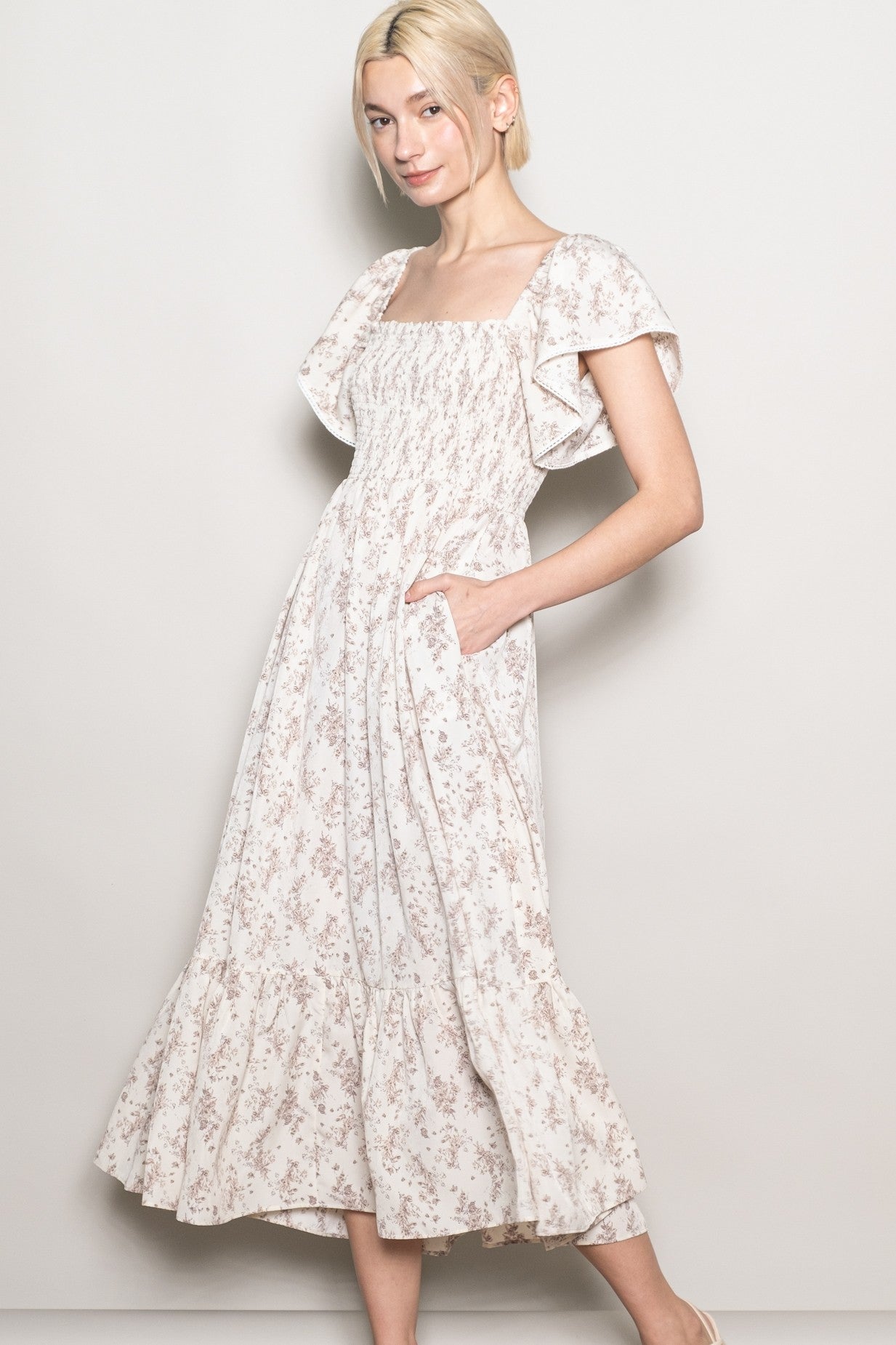 cream flutter sleeve dress Sheer Luck Monaco Satin and Lace Flutter Sleeve Dress (Cream) K