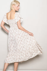 Cream Floral Smocked Lace Trim Flutter Sleeve Midi Dress