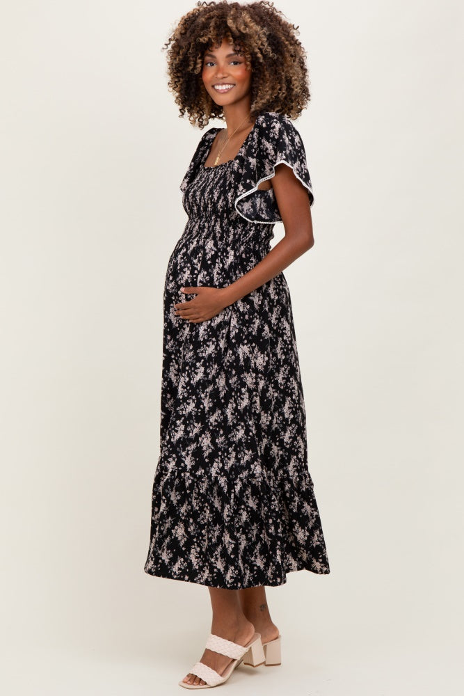 Black Floral Smocked Lace Trim Flutter Sleeve Maternity Midi Dress