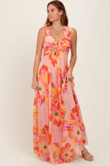 Peach Floral Chiffon Off Shoulder Maxi Dress