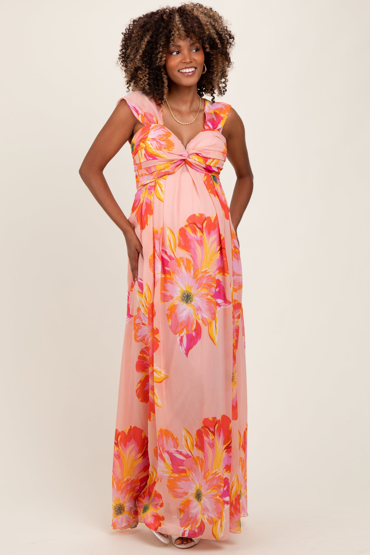 Peach Floral Chiffon Off Shoulder Maternity Maxi Dress