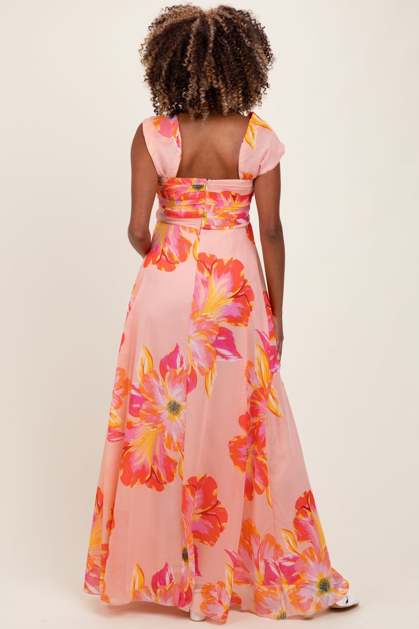 Peach Floral Chiffon Off Shoulder Maternity Maxi Dress