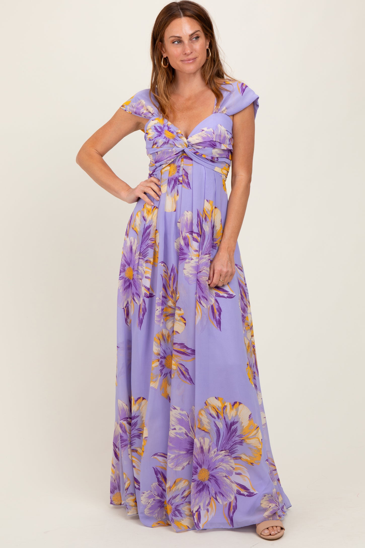 Lavender Floral Chiffon Off Shoulder Maternity Maxi Dress