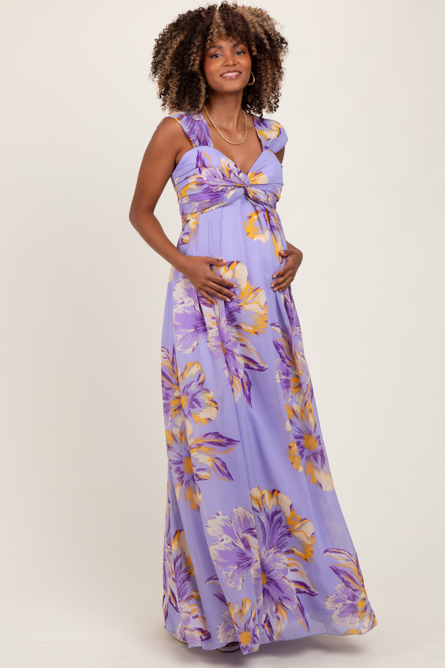 Lavender Floral Chiffon Off Shoulder Maternity Maxi Dress