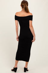 Black Off Shoulder Ruched Midi Dress