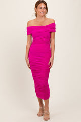 Fuchsia Off Shoulder Ruched Maternity Midi Dress