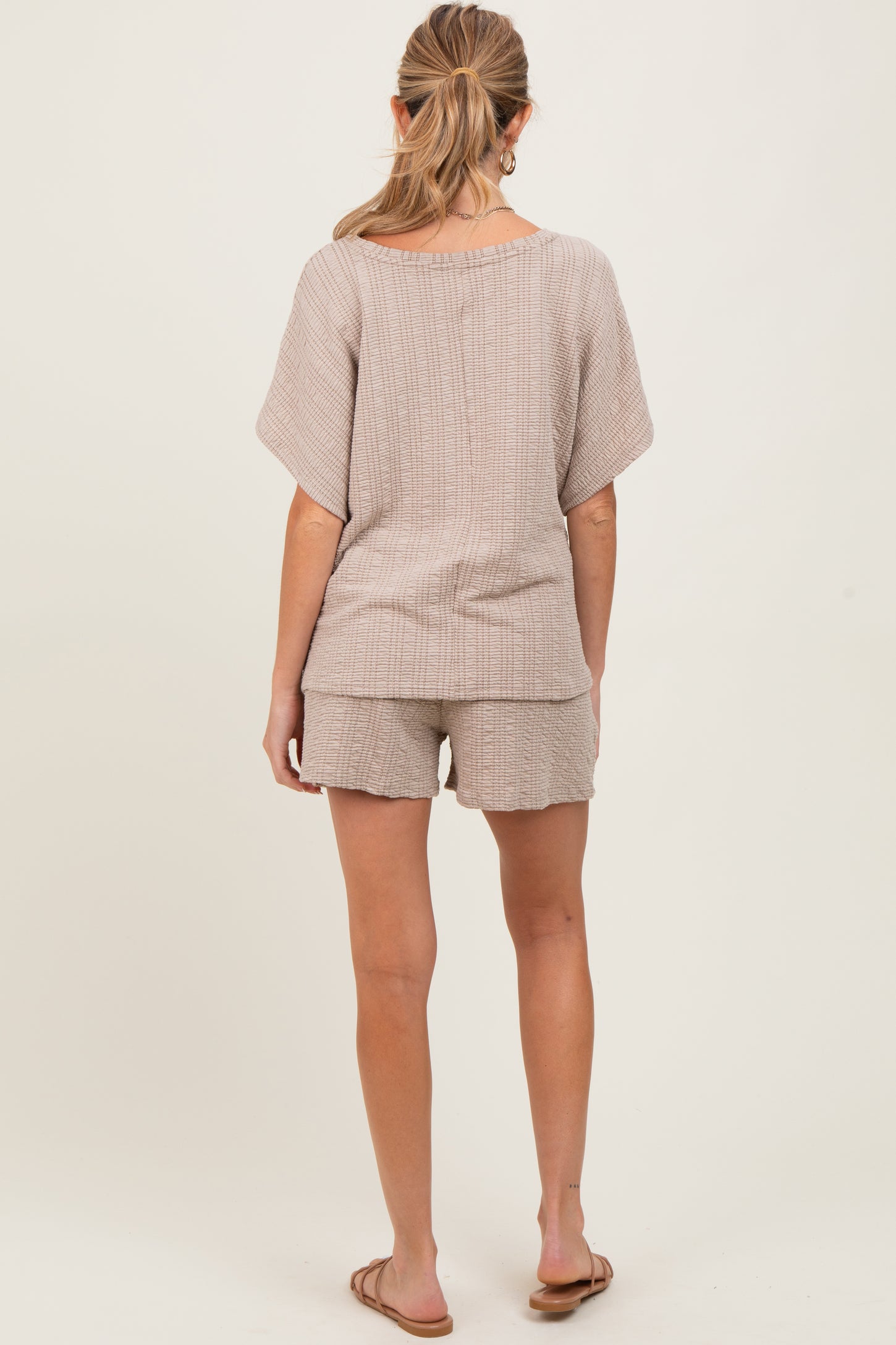 Taupe Textured Knit Dolman Sleeve Top Shorts Maternity Set
