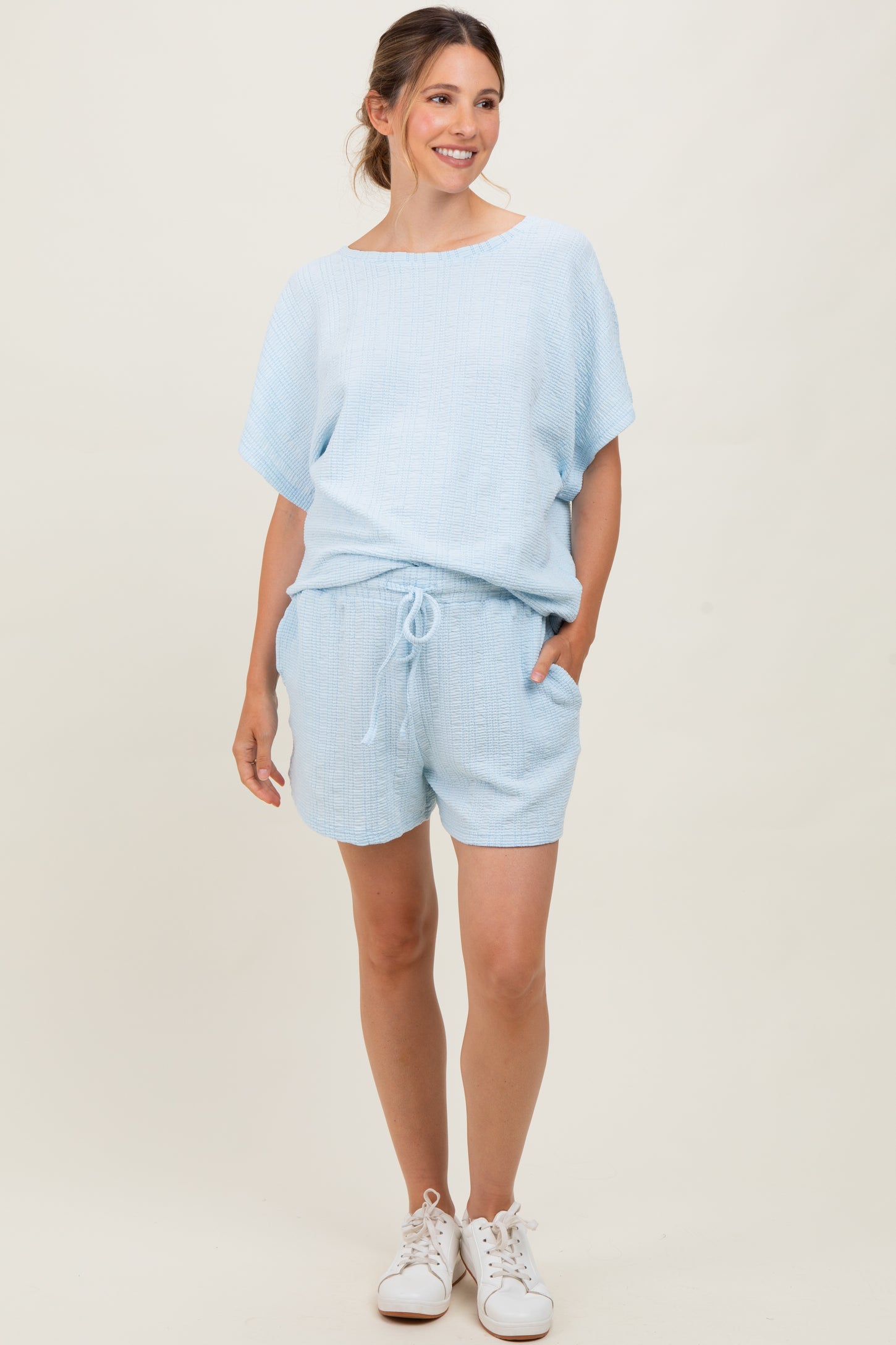 Light Blue Textured Knit Dolman Sleeve Top Shorts Maternity Set