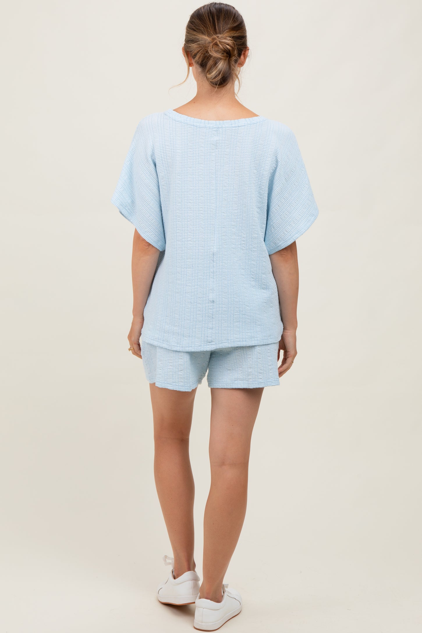Light Blue Textured Knit Dolman Sleeve Top Shorts Maternity Set
