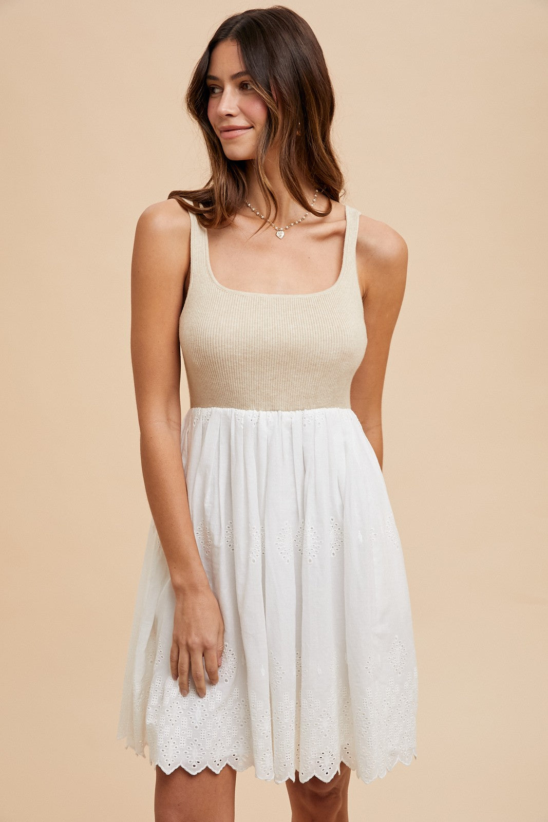 Beige Knit Contrast Eyelet Lace Skirt Mini Dress