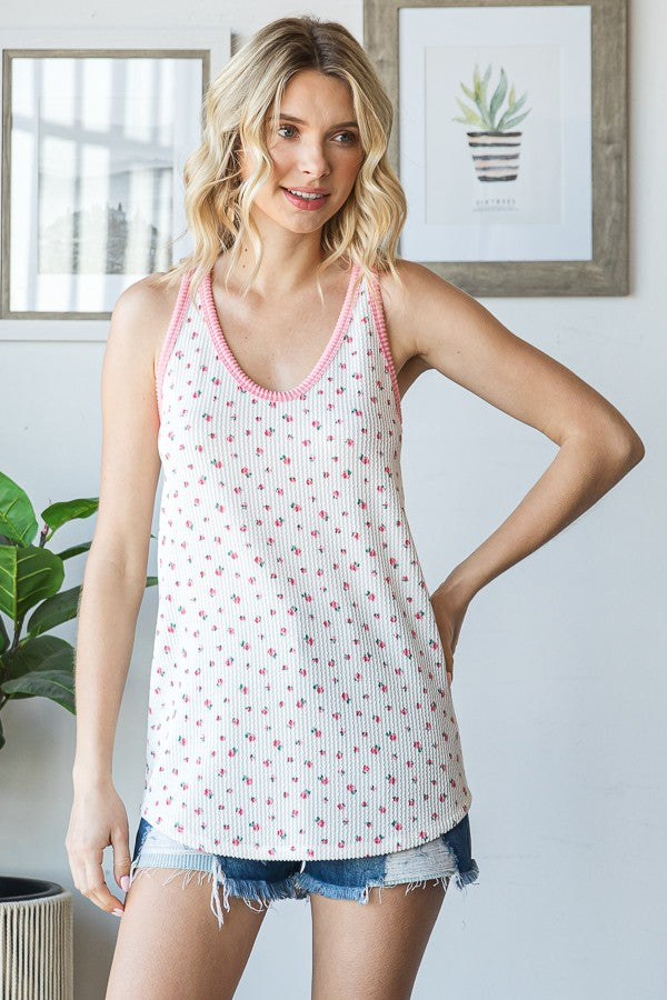 Pink Floral Ribbed Contrast Trim Tank Top