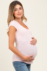 Light Pink Jacquard Button Front Maternity Short Sleeve Top