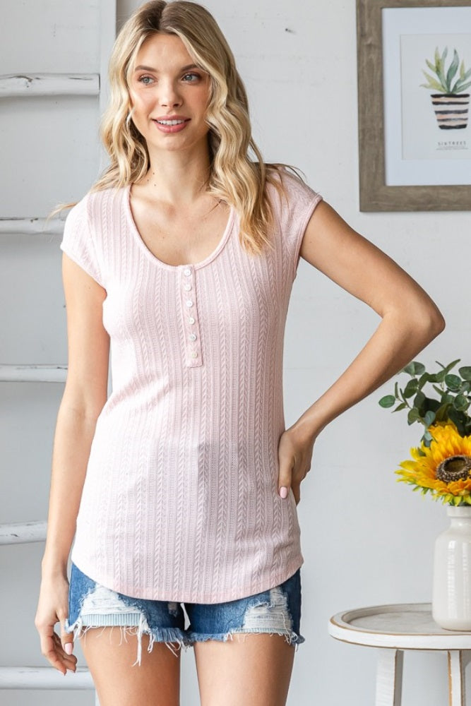 Light Pink Jacquard Button Front Maternity Short Sleeve Top