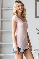 Light Pink Jacquard Button Front Short Sleeve Top