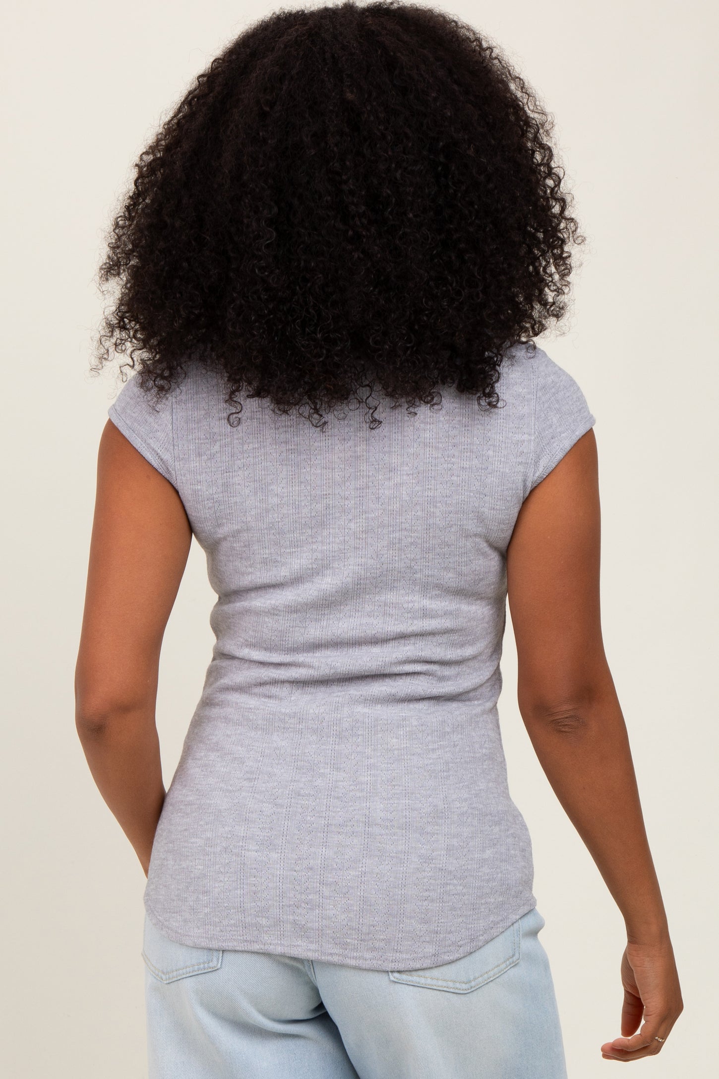 Heather Grey Jacquard Button Front Short Sleeve Top