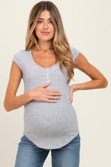 Heather Grey Jacquard Button Front Maternity Short Sleeve Top