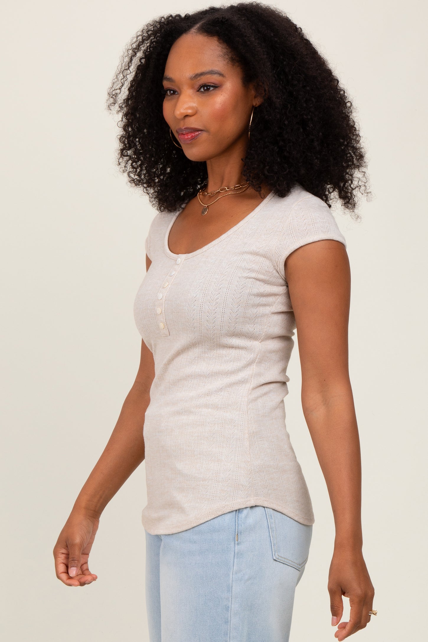 Beige Jacquard Button Front Short Sleeve Top