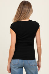 Black Jacquard Button Front Maternity Short Sleeve Top