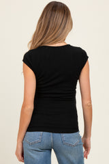 Black Jacquard Button Front Maternity Short Sleeve Top