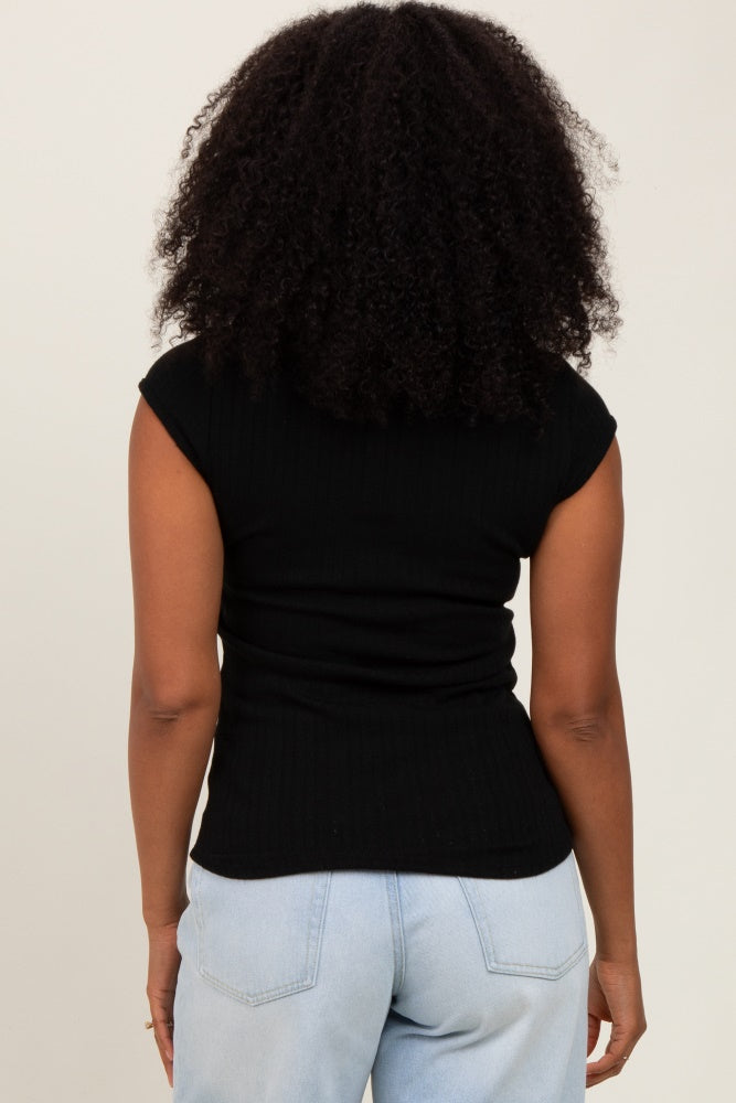 Black Jacquard Button Front Short Sleeve Top