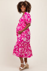 Fuchsia Floral Sweetheart Neckline Maternity Midi Dress