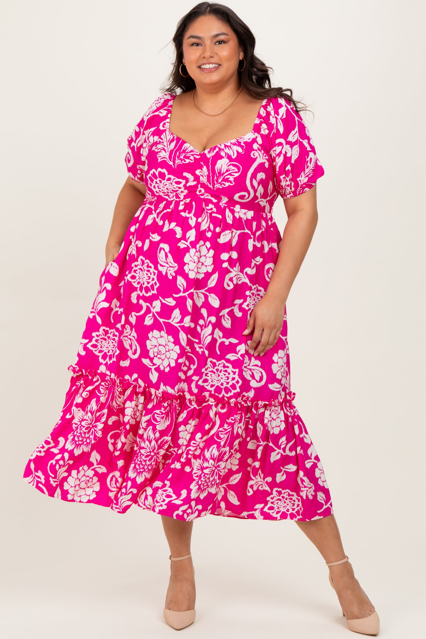 Fuchsia Floral Sweetheart Neckline Plus Midi Dress