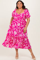 Fuchsia Floral Sweetheart Neckline Maternity Plus Midi Dress