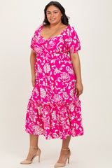 Fuchsia Floral Sweetheart Neckline Plus Midi Dress