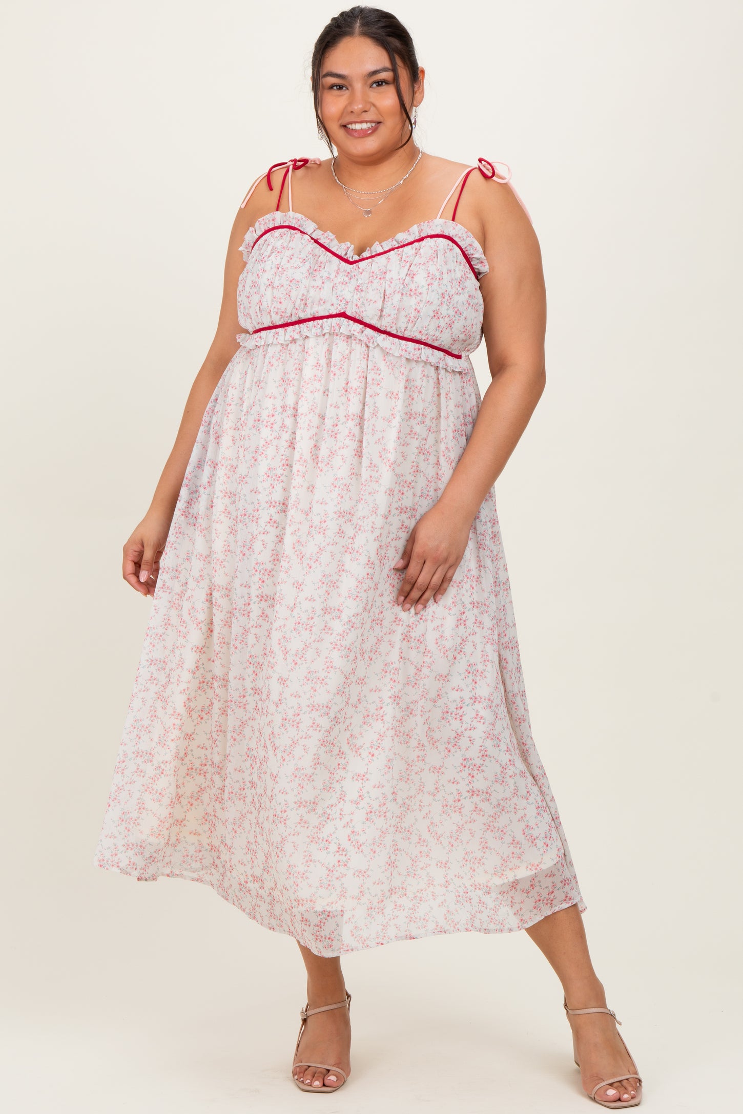 Pink Floral Ruffle Detail Shoulder Tie Plus Midi Dress