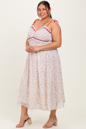 Pink Floral Ruffle Detail Shoulder Tie Plus Midi Dress