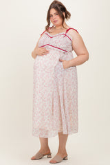 Pink Floral Ruffle Detail Shoulder Tie Maternity Plus Midi Dress