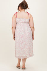 Pink Floral Ruffle Detail Shoulder Tie Maternity Plus Midi Dress