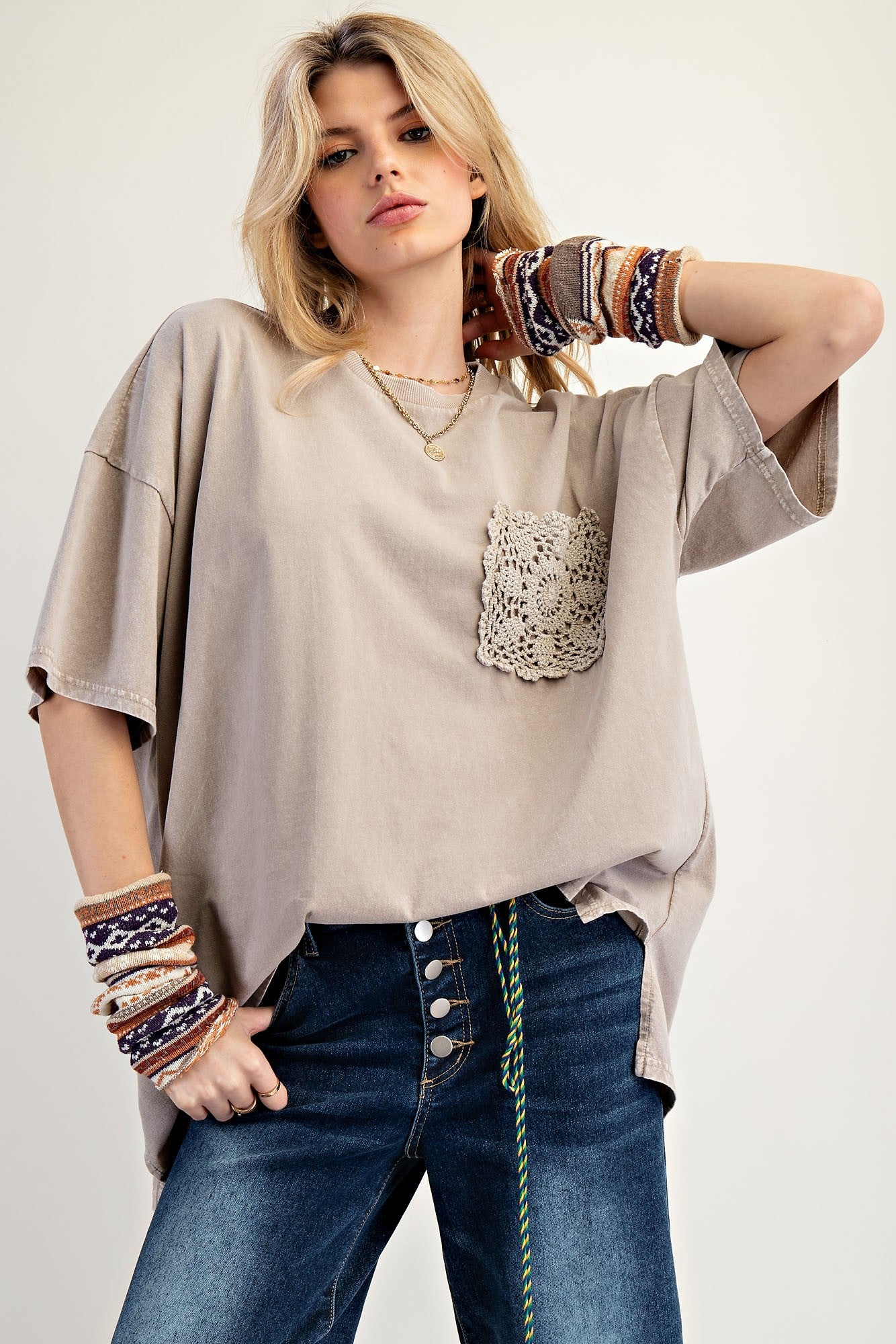 Taupe Mineral Wash Crochet Pocket Top