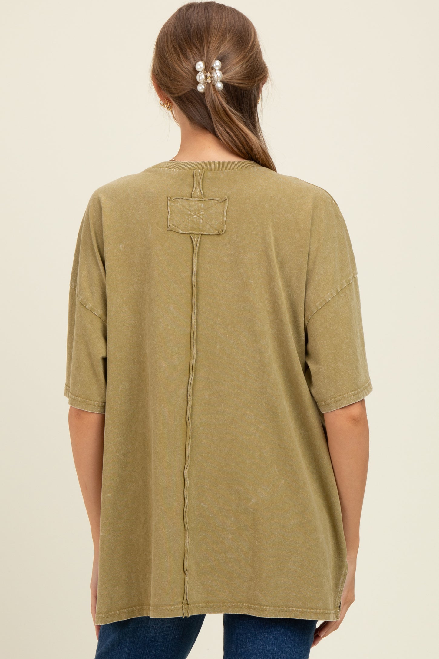 Olive Mineral Wash Crochet Pocket Maternity Top