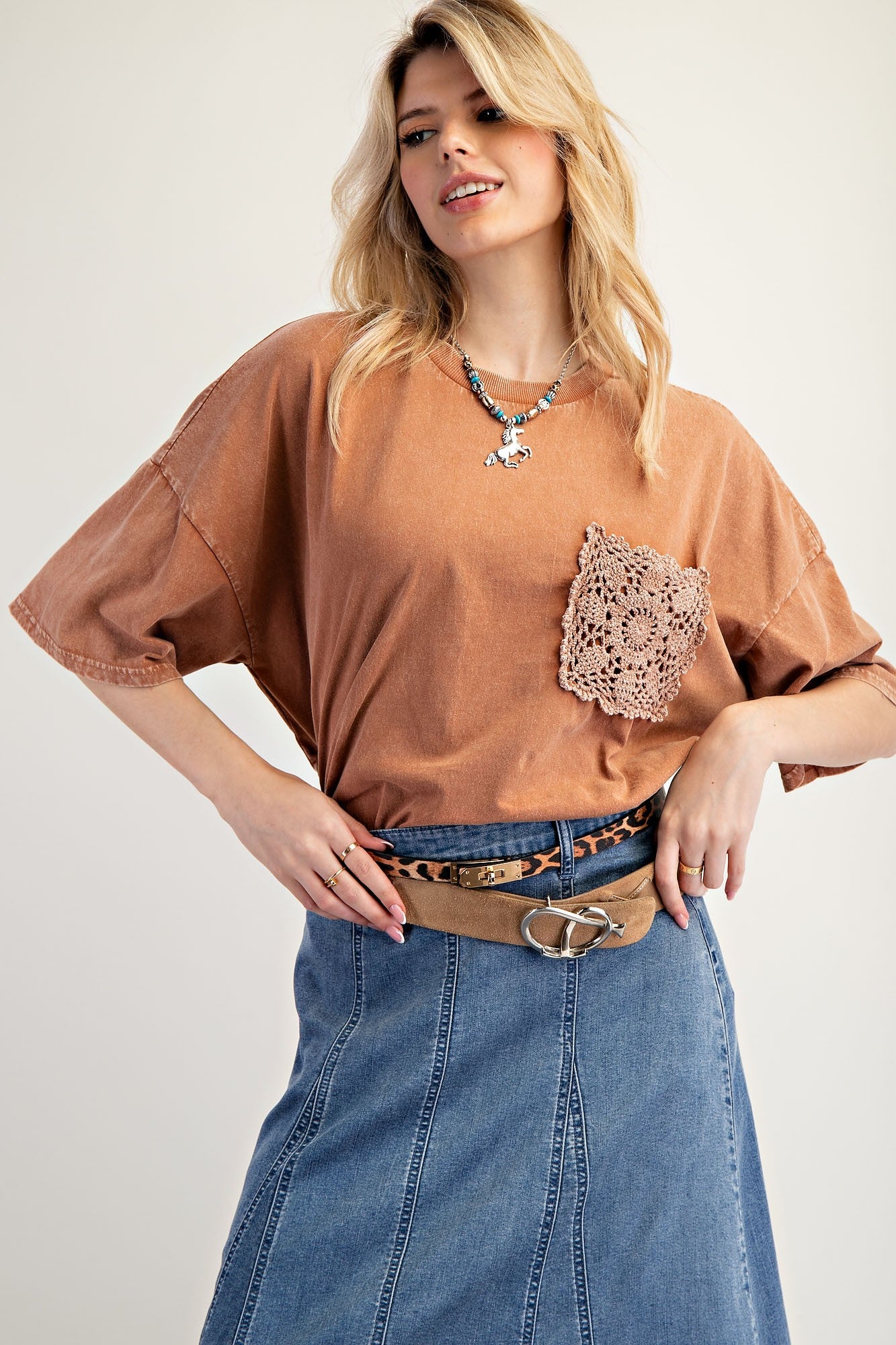Brown Mineral Wash Crochet Pocket Maternity Top