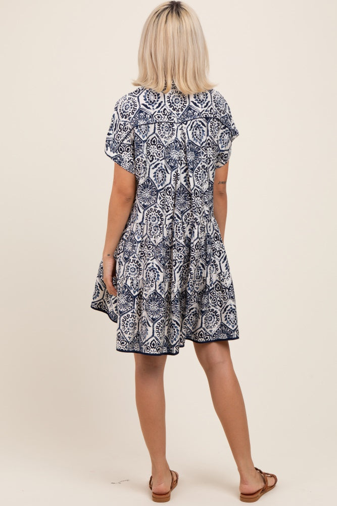 Navy Damask Tiered Short Sleeve Maternity Shirt Dress
