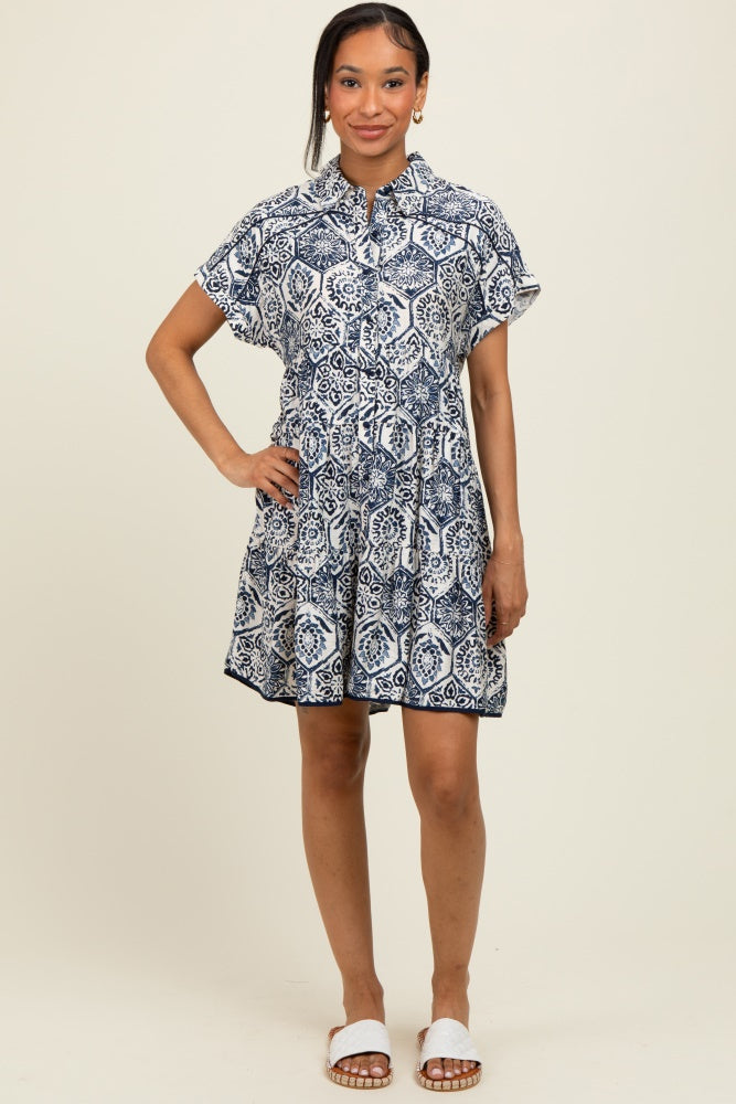 Navy Damask Tiered Short Sleeve Shirt Dress