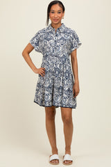 Navy Damask Tiered Short Sleeve Shirt Dress