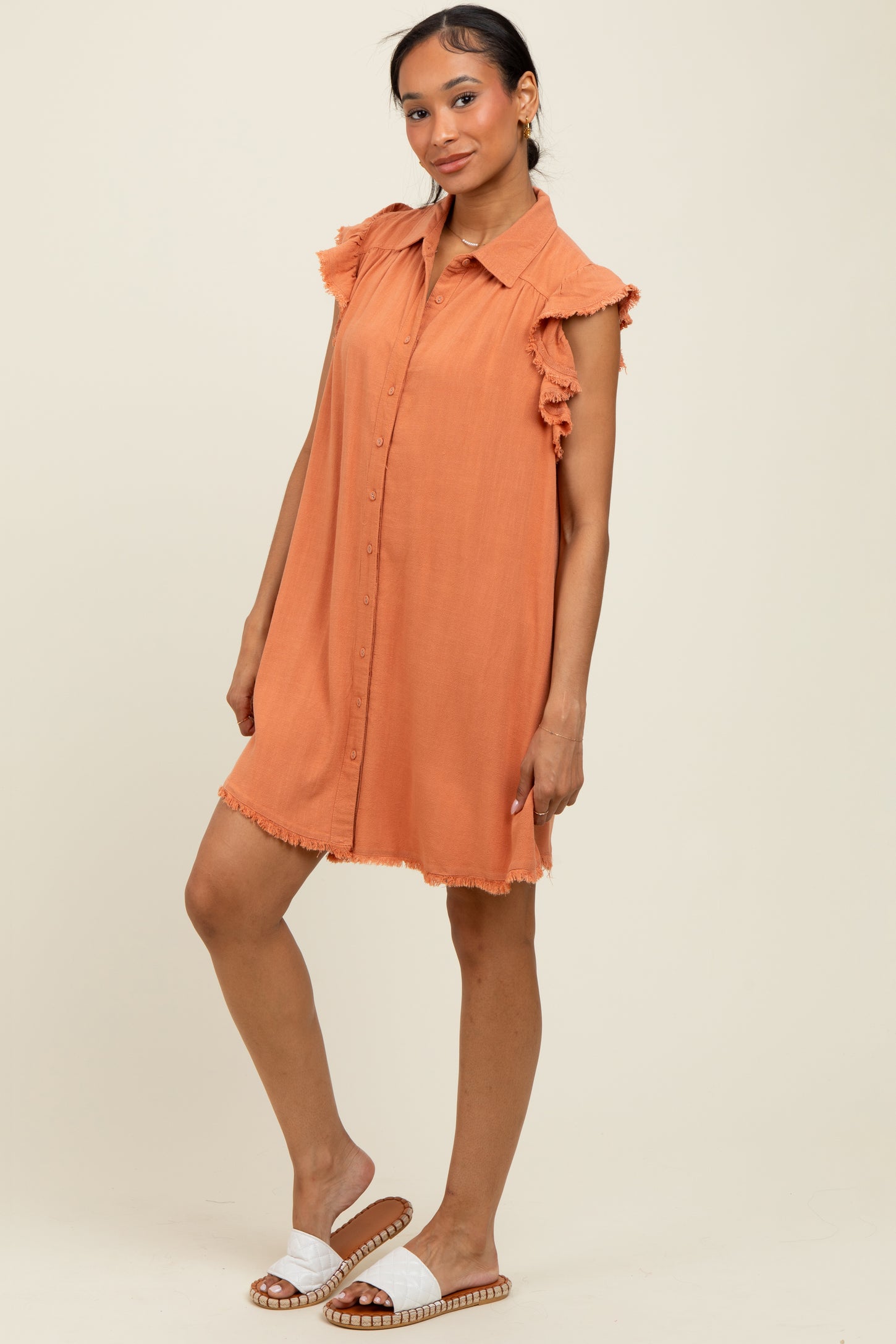 Peach Fringe Detail Ruffle Sleeve Shirt Dress