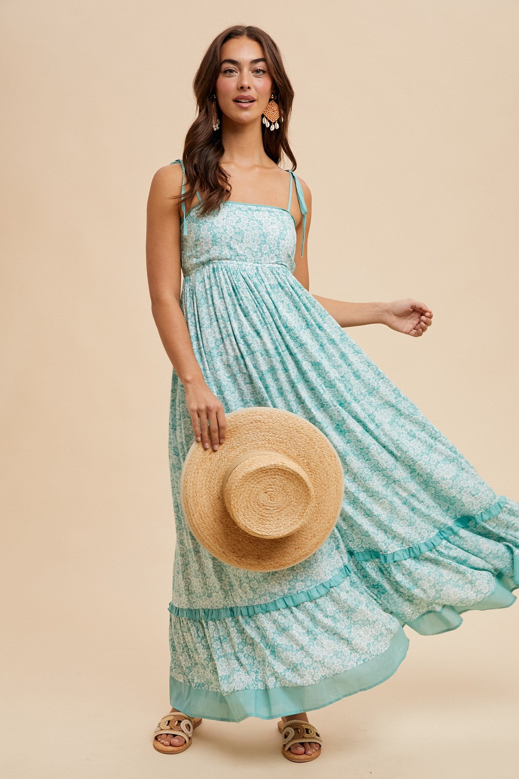 Mint Floral Shoulder Tie Maxi Dress