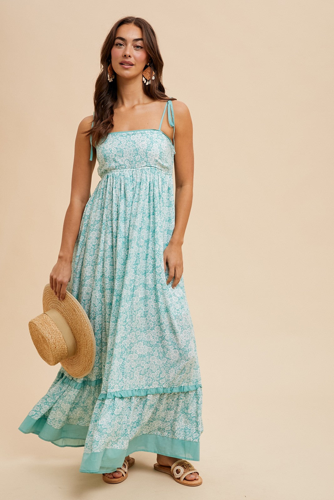Mint Floral Shoulder Tie Maxi Dress