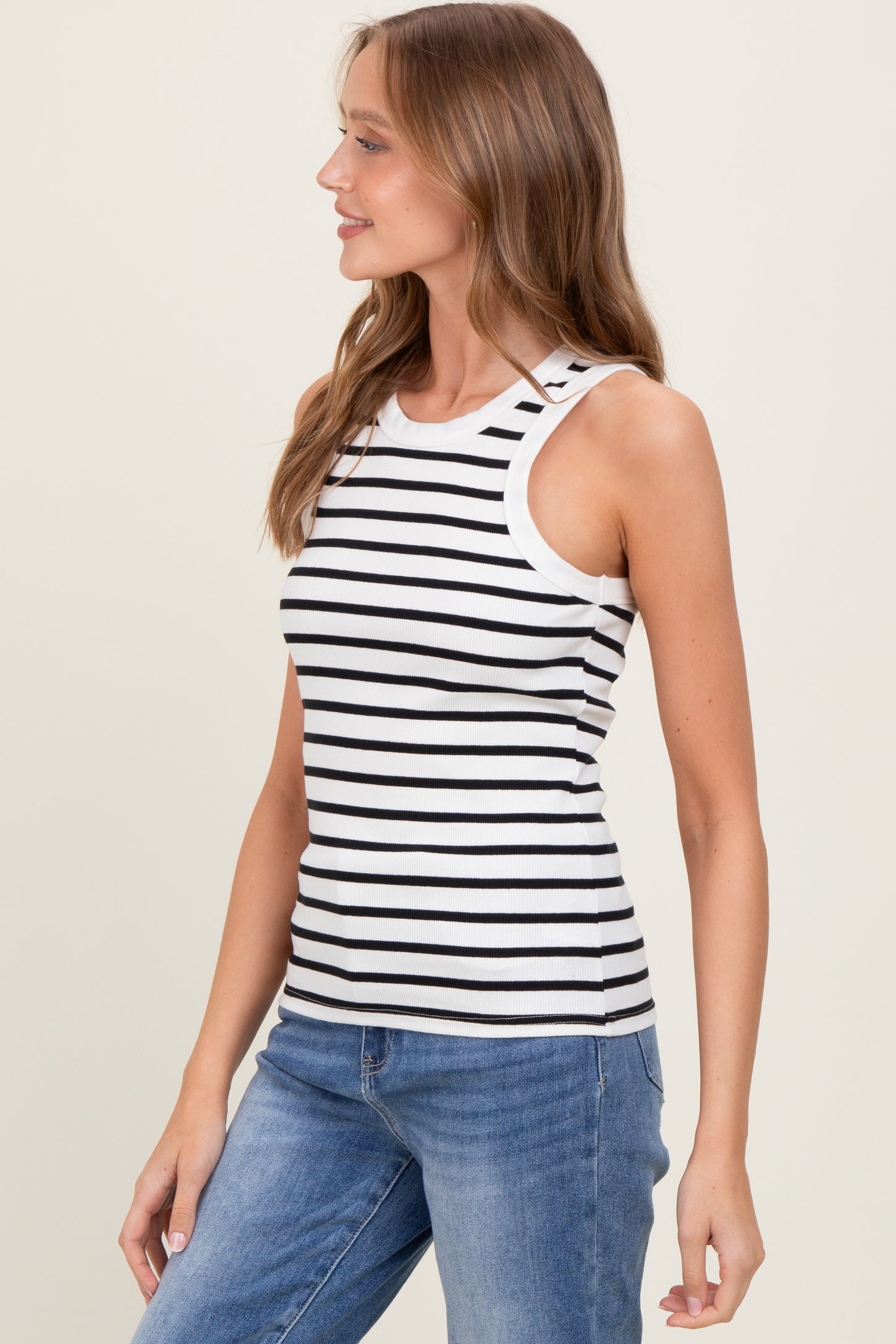 White/Black Striped Sleeveless Tank Top