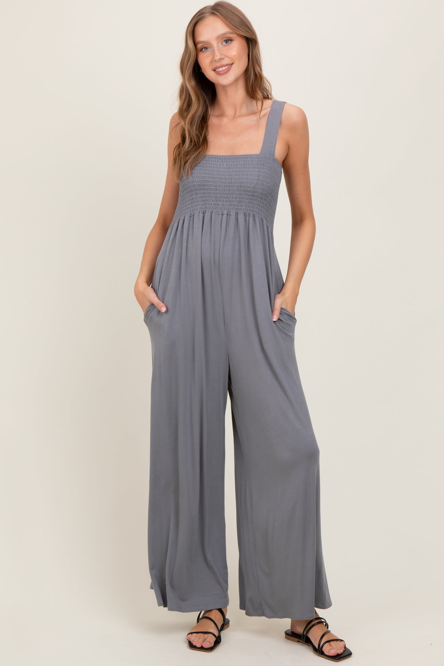 Grey Sleeveless Wide Leg Maternity Jumpsuit