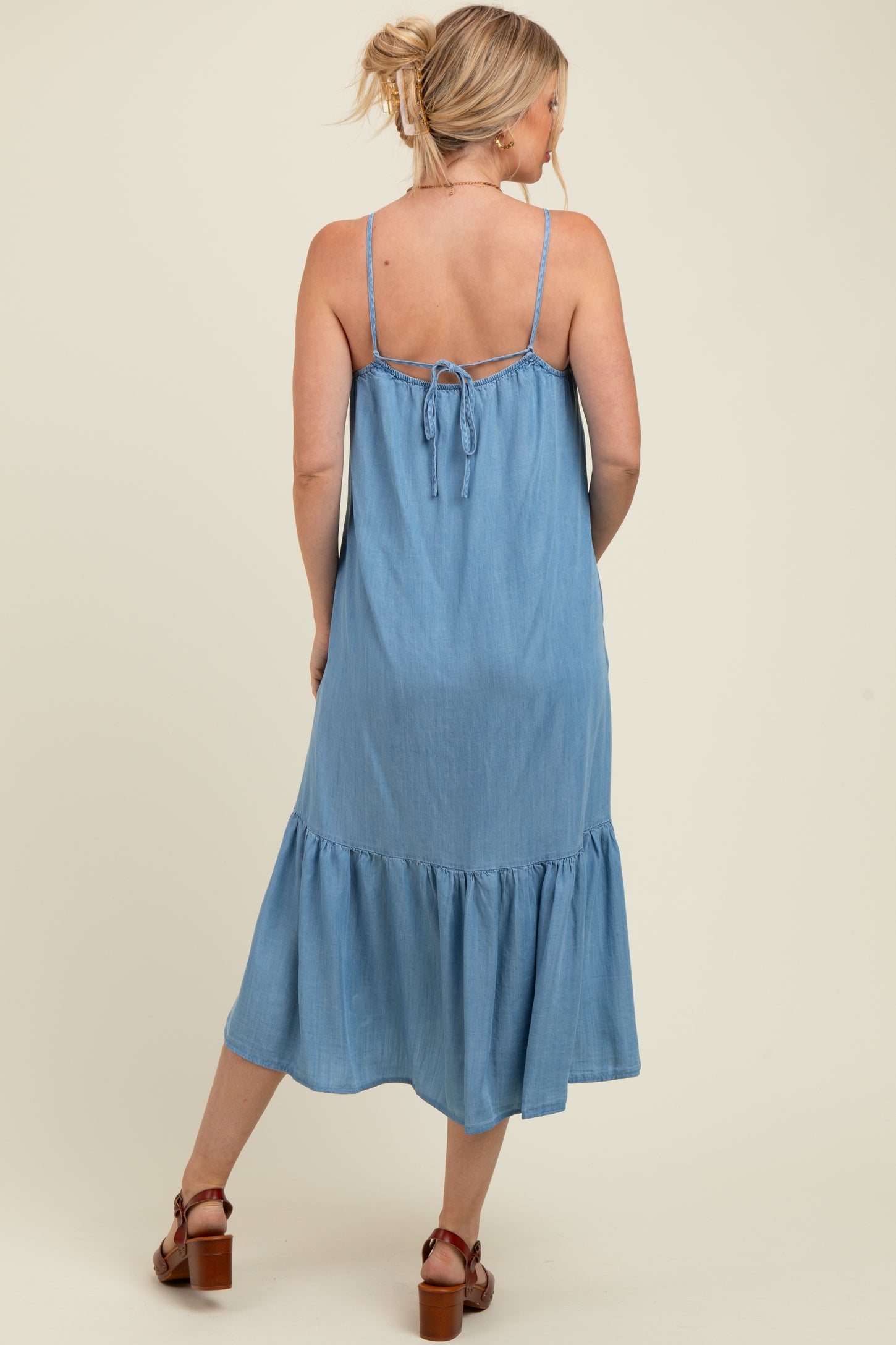 Light Blue Ruffle Hem Cami Maternity Midi Dress