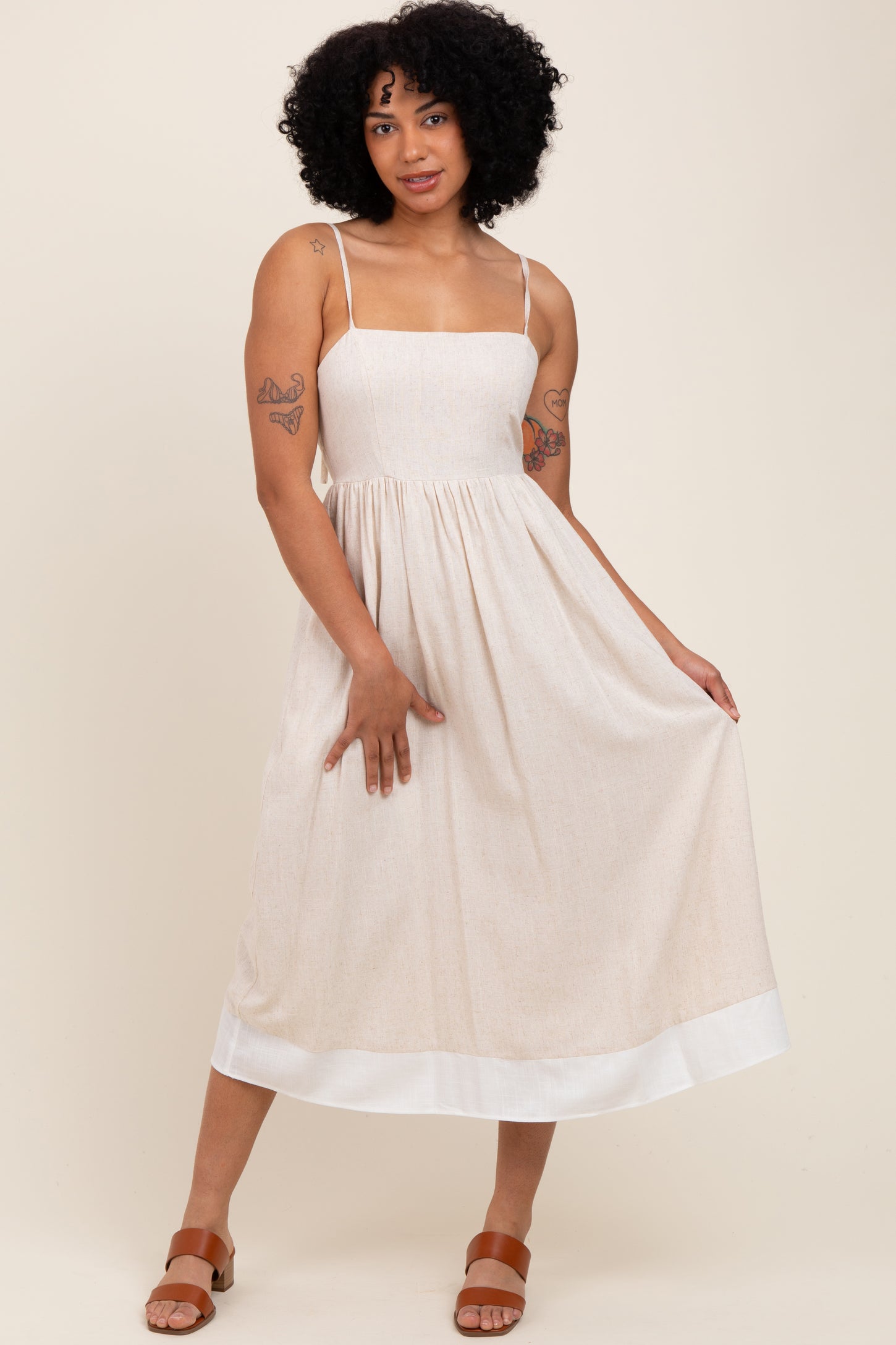 Beige Color Block Back Tie Midi Dress