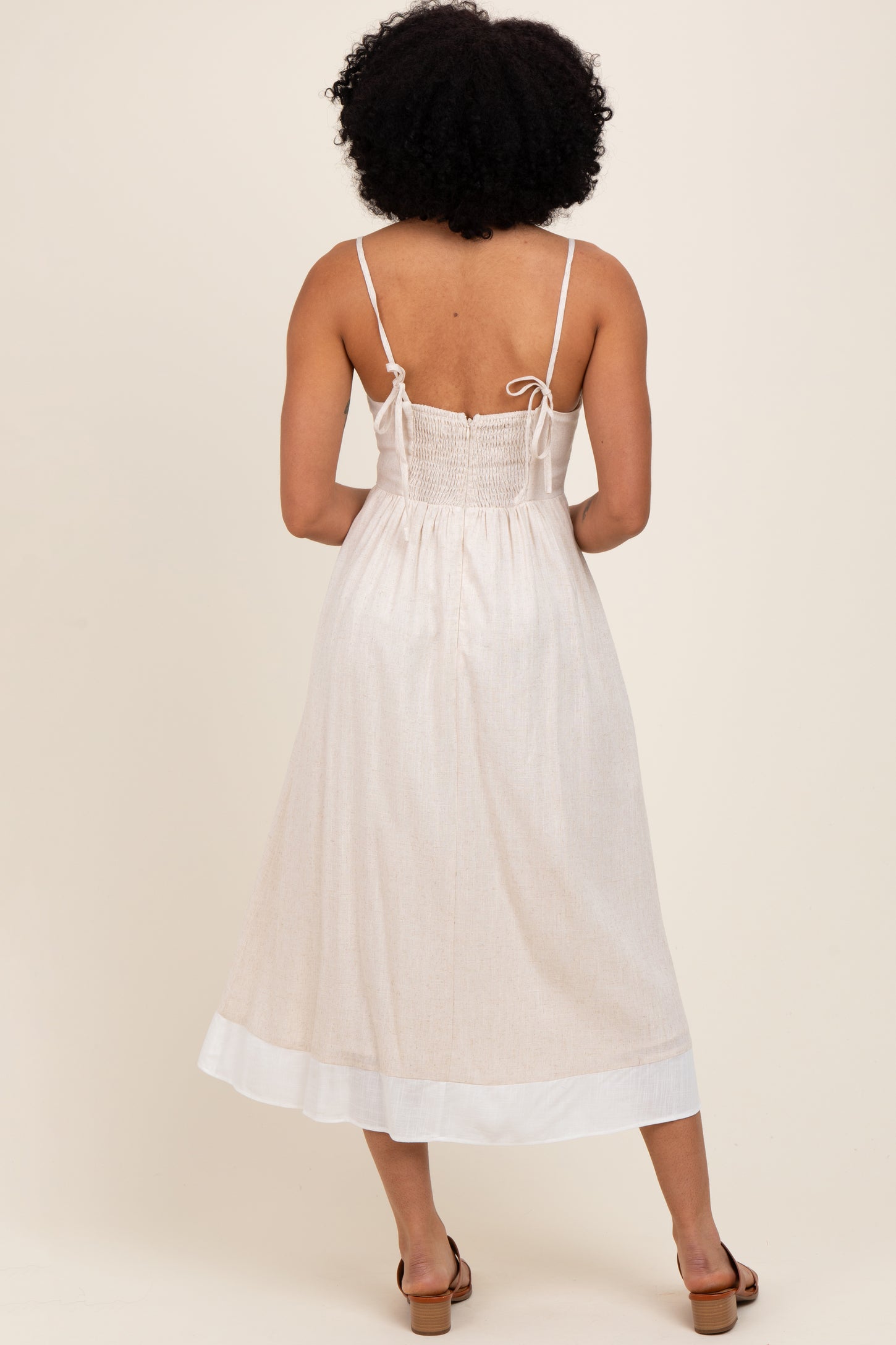 Beige Color Block Back Tie Midi Dress
