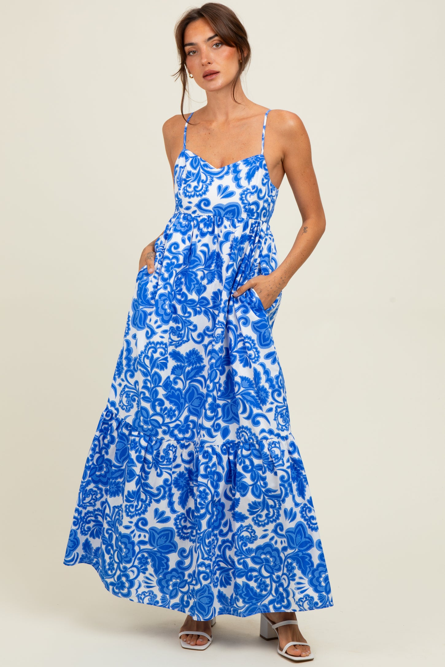 Blue Floral Flowy Ruffle Hem Maxi Dress Blue Floral Flowy Ruffle Hem Maxi Dress